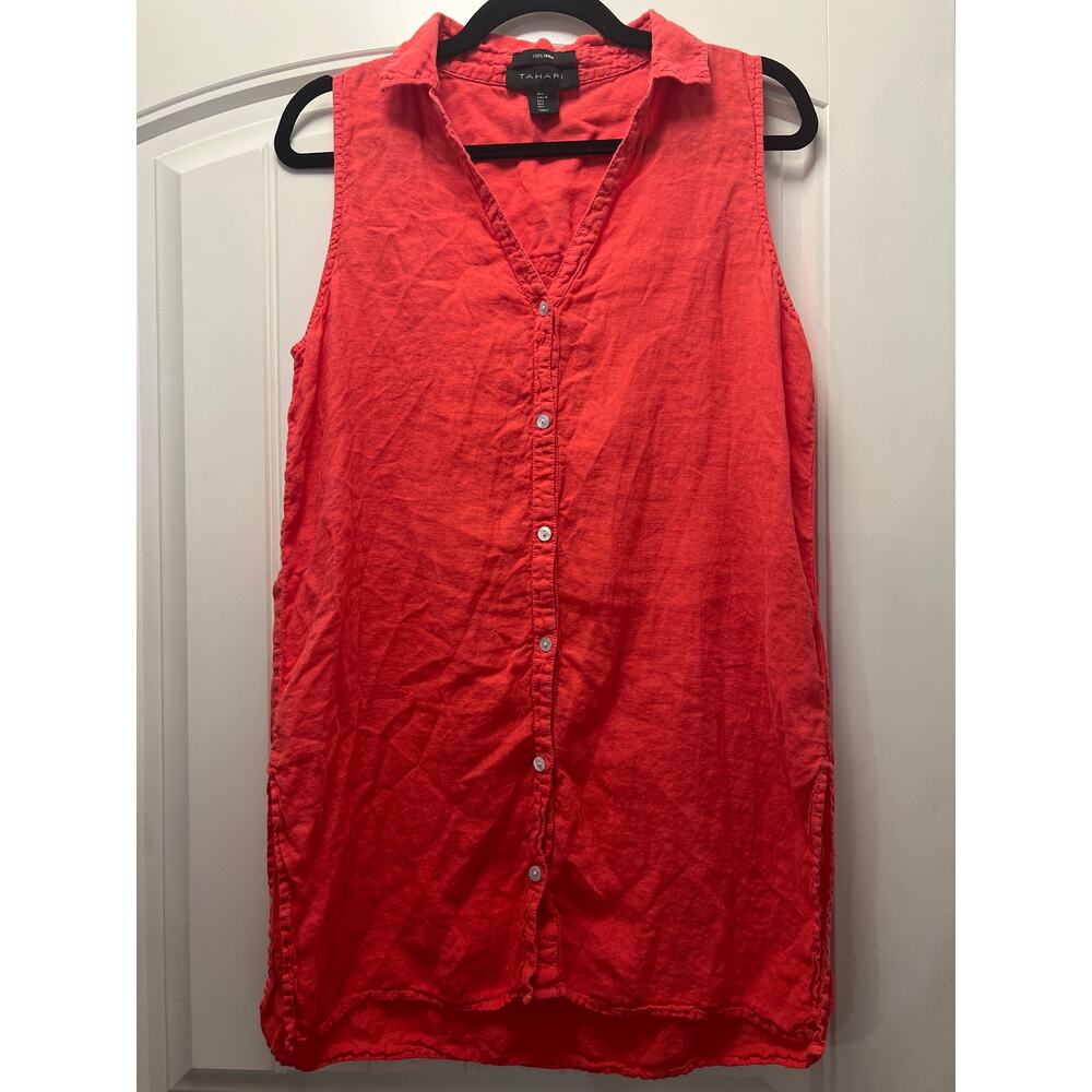 Tahari Women’s Sleeveless Linen Collared Button Front‎ Tunic Top Size L Orange